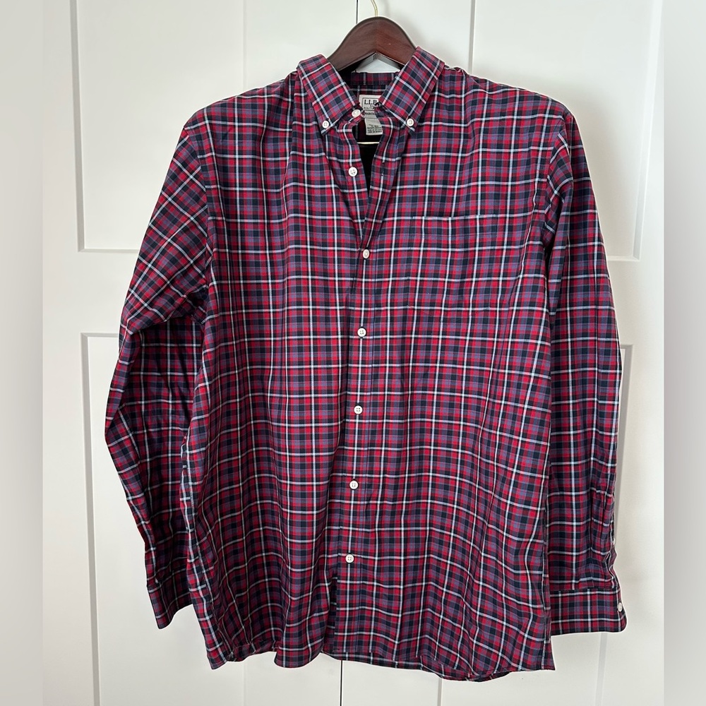 L.L. Bean Men’s Red and Navy Plaid Button-Down‎ Shirt